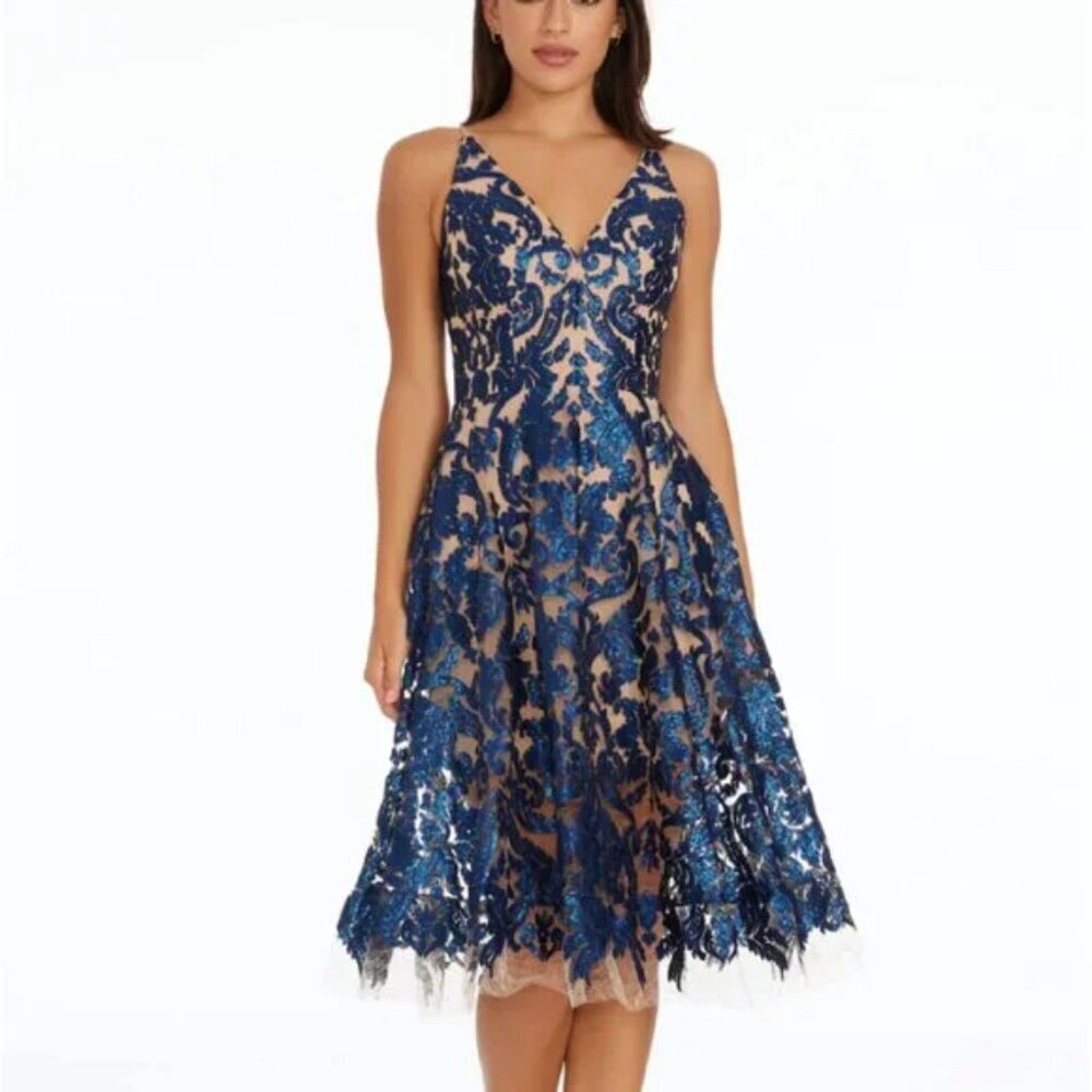 NWT Dress The Population Blair Lace Midi Dress in Navy/Nude Sz: XS
